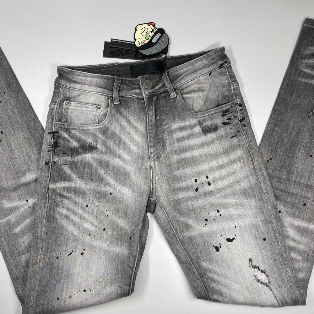 NEW TULONBES Men’s Skinny Jeans Grey Size 30 – Paint Splash Two-Hole Denim